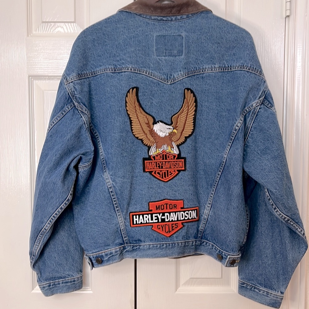 Vintage Harley Davidson Style Denim Jacket with brown leather collar Size XL